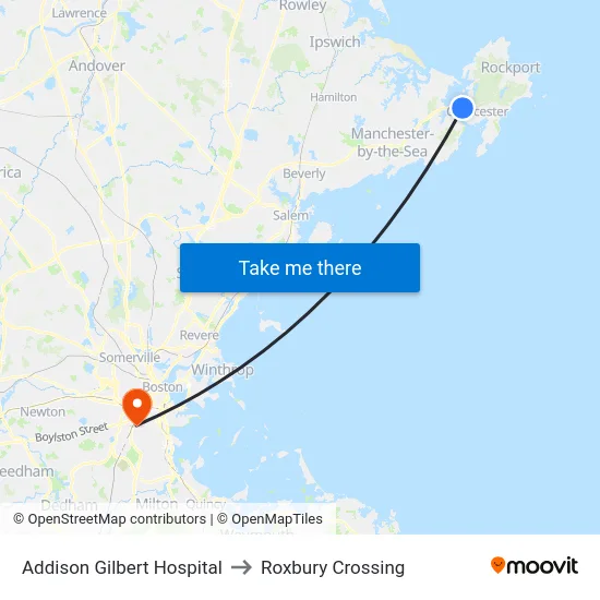 Addison Gilbert Hospital to Roxbury Crossing map