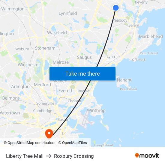 Liberty Tree Mall to Roxbury Crossing map