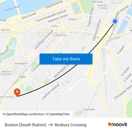 Boston (South Station) to Roxbury Crossing map