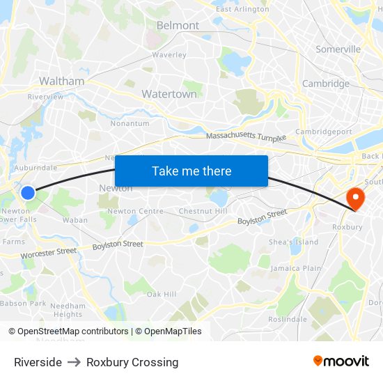 Riverside to Roxbury Crossing map