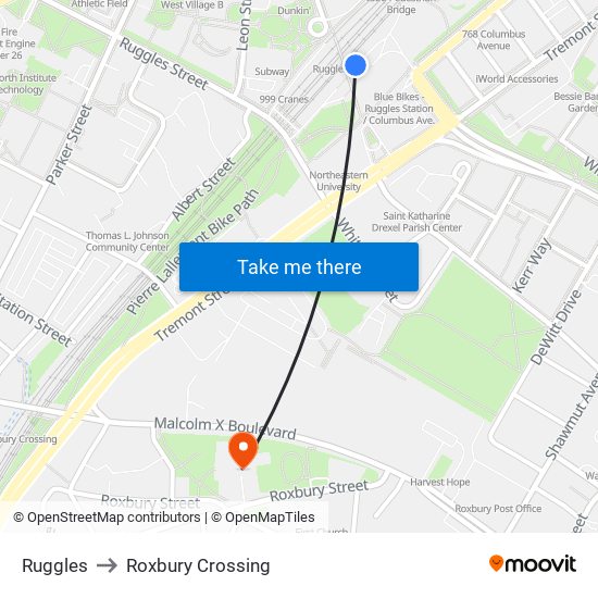 Ruggles to Roxbury Crossing map