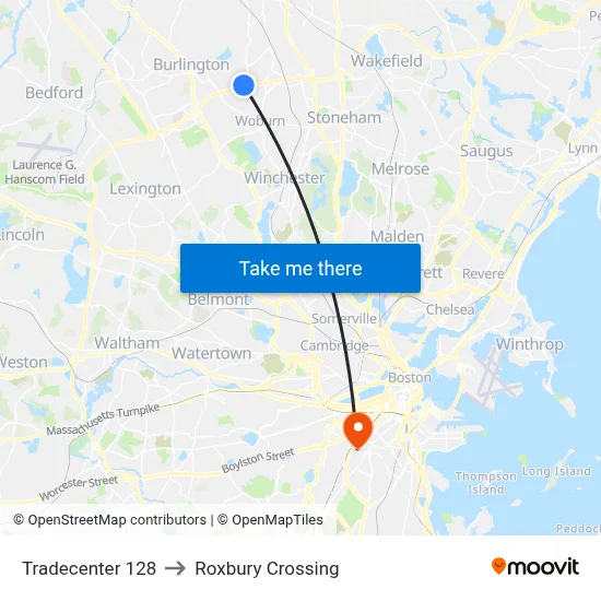 Tradecenter 128 to Roxbury Crossing map
