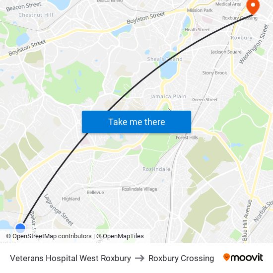 Veterans Hospital West Roxbury to Roxbury Crossing map