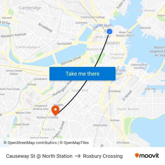 Causeway St @ North Station to Roxbury Crossing map