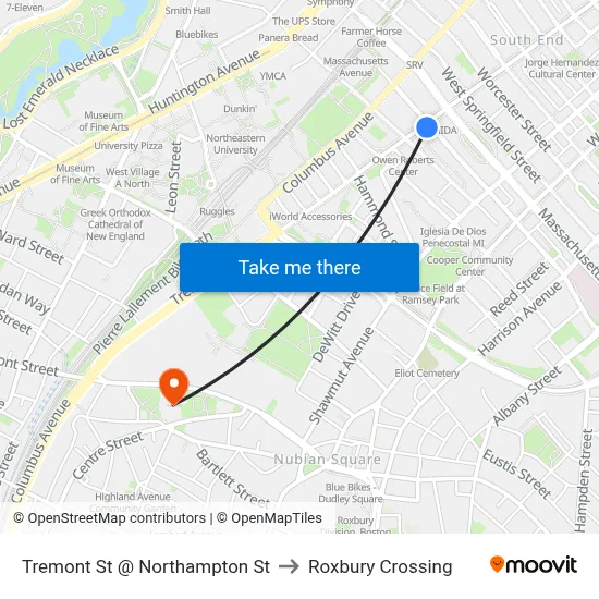 Tremont St @ Northampton St to Roxbury Crossing map