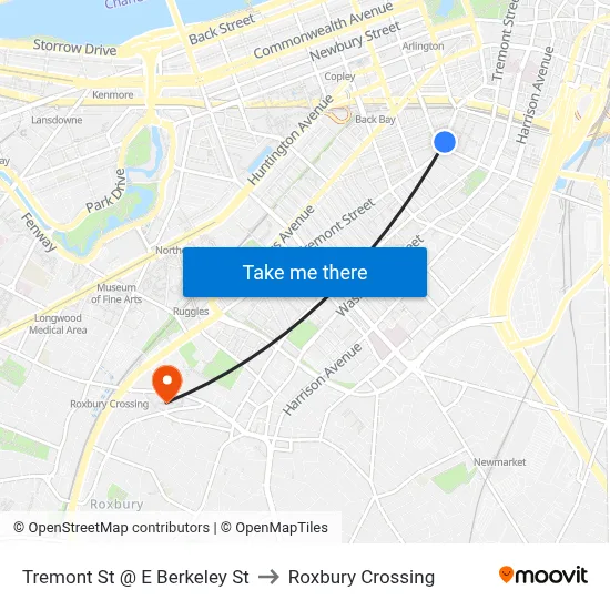 Tremont St @ E Berkeley St to Roxbury Crossing map