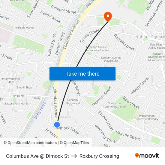 Columbus Ave @ Dimock St to Roxbury Crossing map