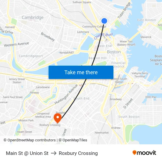 Main St @ Union St to Roxbury Crossing map