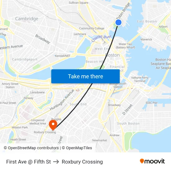 First Ave @ Fifth St to Roxbury Crossing map