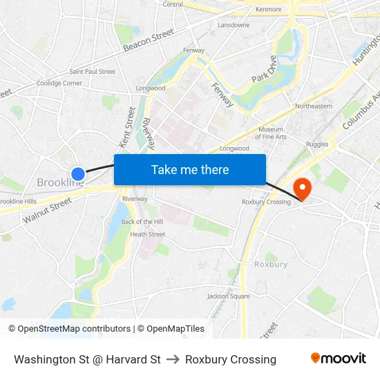 Washington St @ Harvard St to Roxbury Crossing map