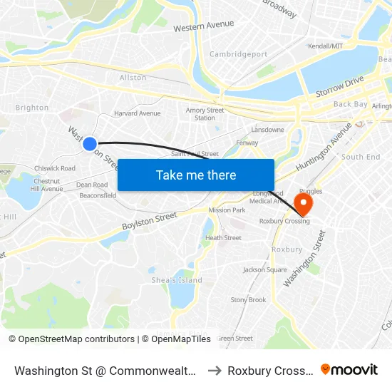 Washington St @ Commonwealth Ave to Roxbury Crossing map