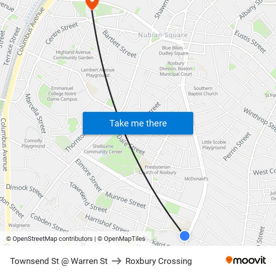 Townsend St @ Warren St to Roxbury Crossing map