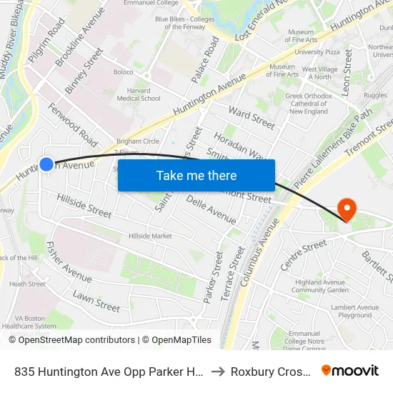 835 Huntington Ave Opp Parker Hill Ave to Roxbury Crossing map