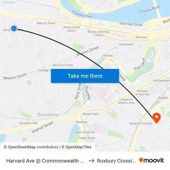 Harvard Ave @ Commonwealth Ave to Roxbury Crossing map