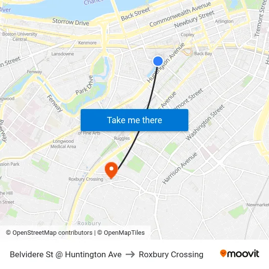 Belvidere St @ Huntington Ave to Roxbury Crossing map