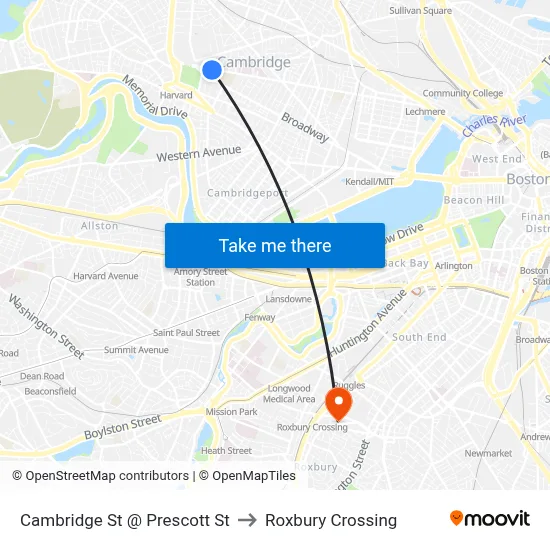 Cambridge St @ Prescott St to Roxbury Crossing map