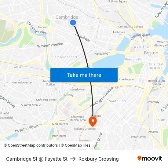Cambridge St @ Fayette St to Roxbury Crossing map
