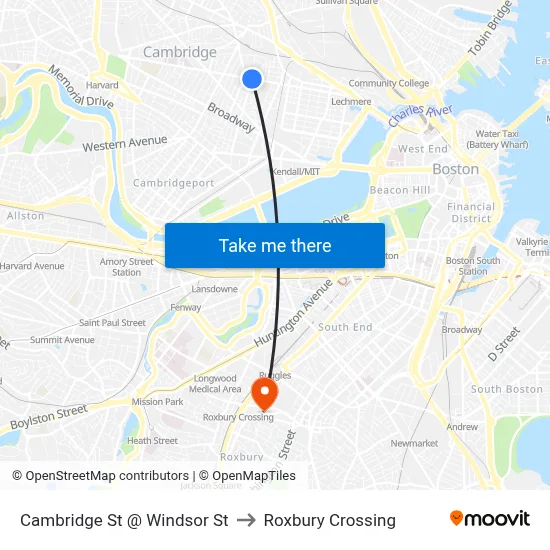 Cambridge St @ Windsor St to Roxbury Crossing map