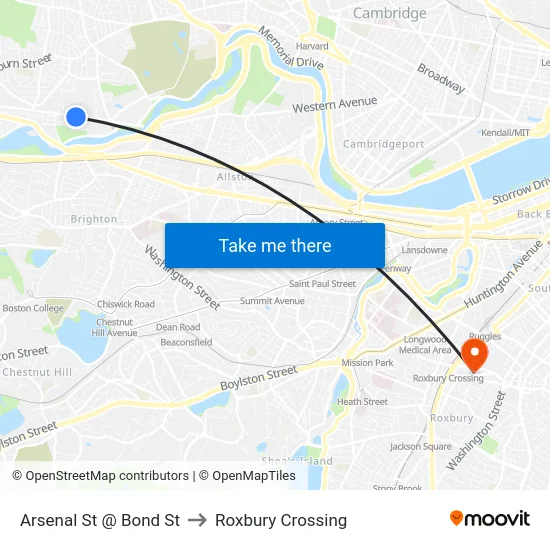 Arsenal St @ Bond St to Roxbury Crossing map
