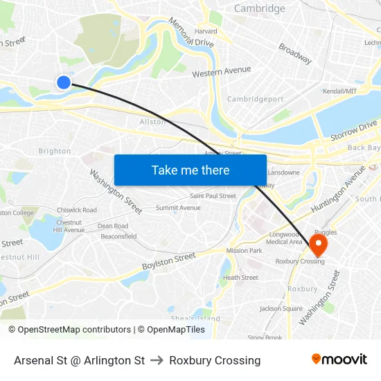 Arsenal St @ Arlington St to Roxbury Crossing map