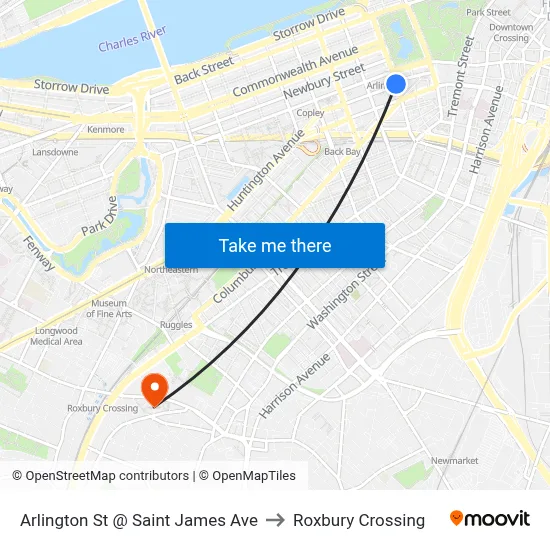 Arlington St @ Saint James Ave to Roxbury Crossing map