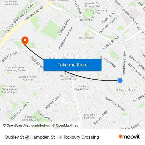 Dudley St @ Hampden St to Roxbury Crossing map