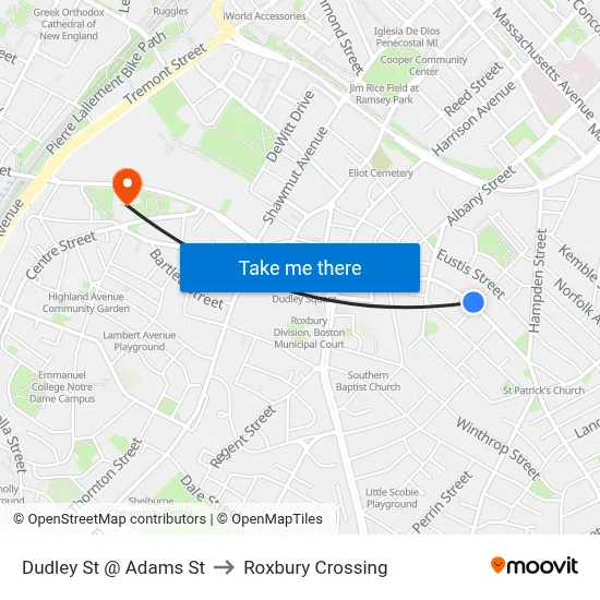 Dudley St @ Adams St to Roxbury Crossing map