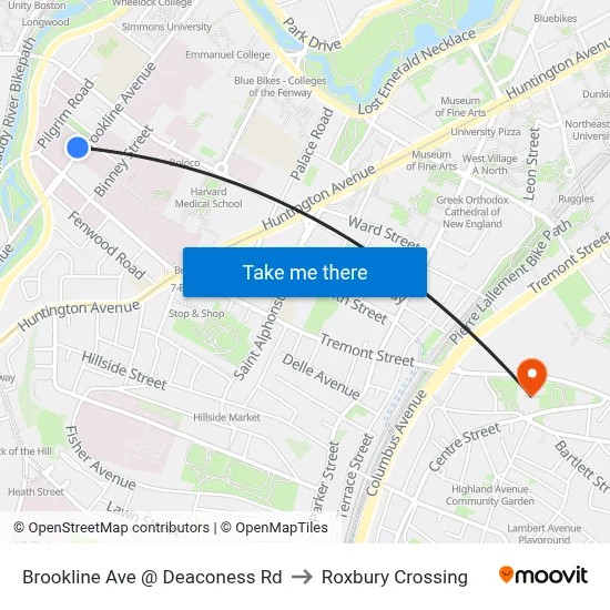 Brookline Ave @ Deaconess Rd to Roxbury Crossing map