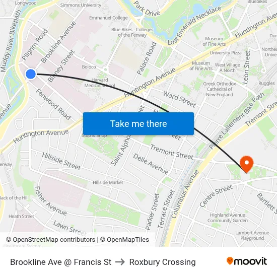 Brookline Ave @ Francis St to Roxbury Crossing map