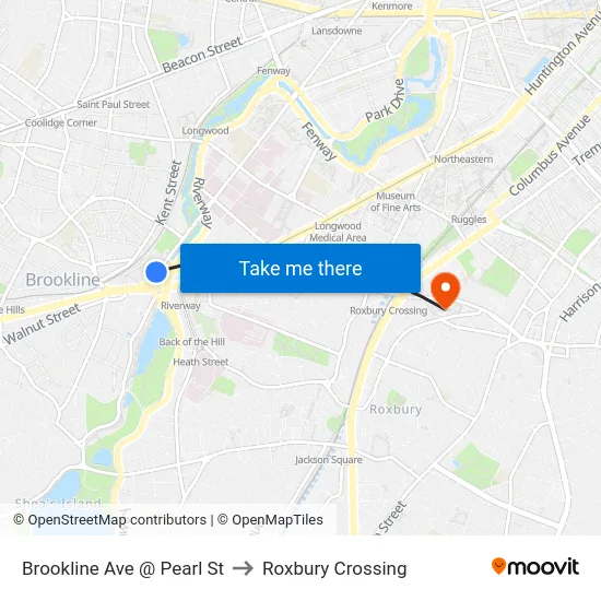 Brookline Ave @ Pearl St to Roxbury Crossing map