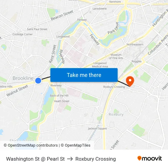 Washington St @ Pearl St to Roxbury Crossing map