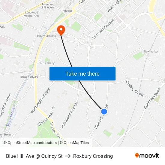 Blue Hill Ave @ Quincy St to Roxbury Crossing map