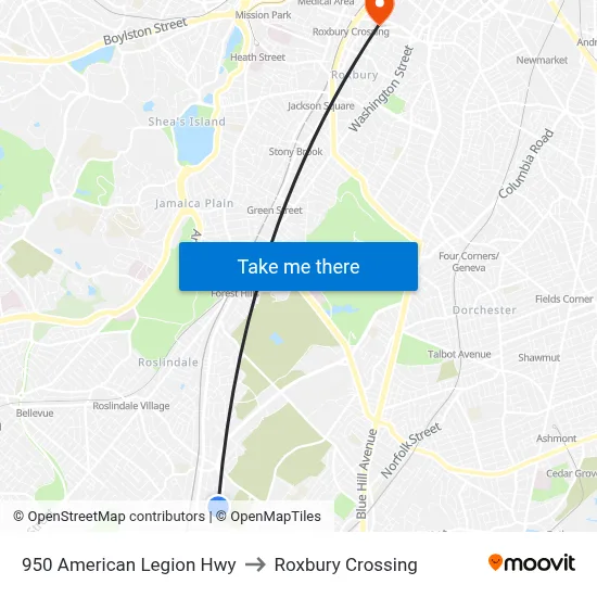 950 American Legion Hwy to Roxbury Crossing map