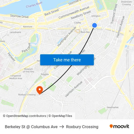 Berkeley St @ Columbus Ave to Roxbury Crossing map