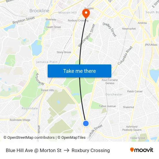 Blue Hill Ave @ Morton St to Roxbury Crossing map
