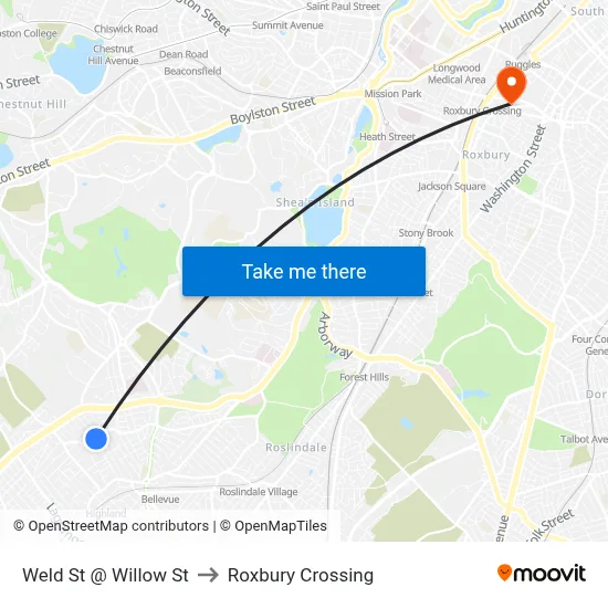 Weld St @ Willow St to Roxbury Crossing map