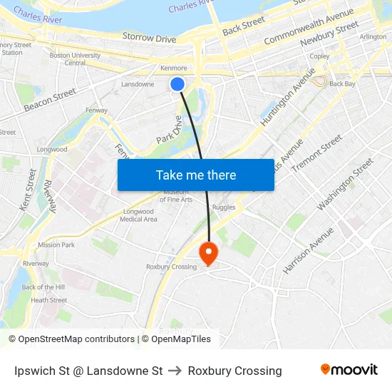 Ipswich St @ Lansdowne St to Roxbury Crossing map