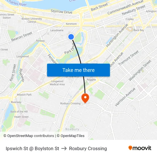 Ipswich St @ Boylston St to Roxbury Crossing map