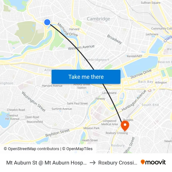 Mt Auburn St @ Mt Auburn Hospital to Roxbury Crossing map