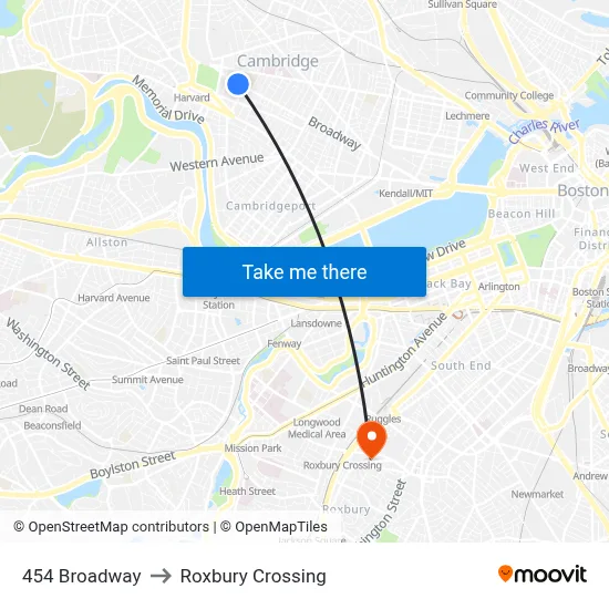 454 Broadway to Roxbury Crossing map