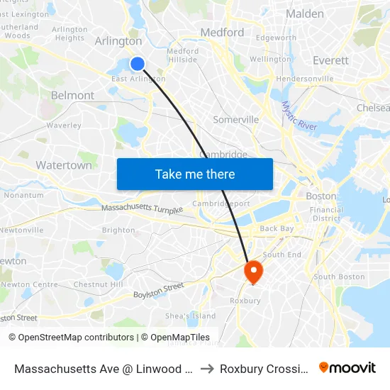 Massachusetts Ave @ Linwood St to Roxbury Crossing map