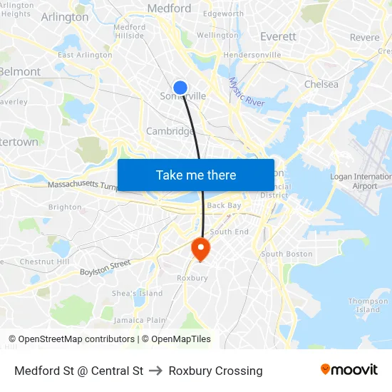 Medford St @ Central St to Roxbury Crossing map