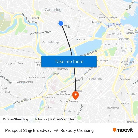 Prospect St @ Broadway to Roxbury Crossing map