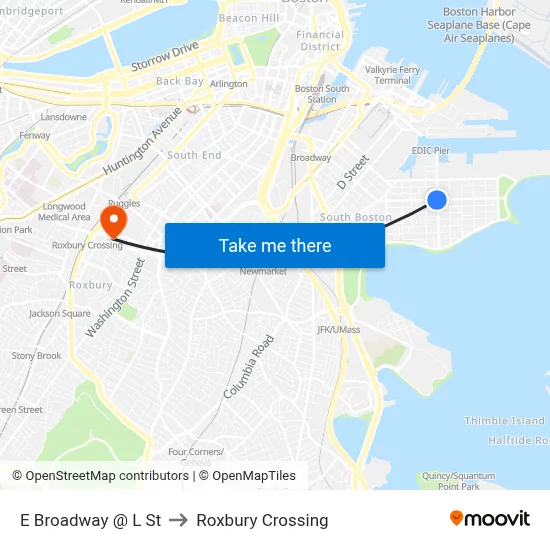 E Broadway @ L St to Roxbury Crossing map