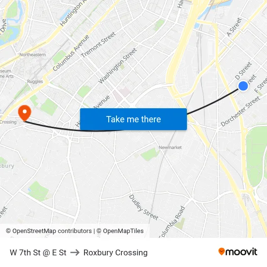 W 7th St @ E St to Roxbury Crossing map