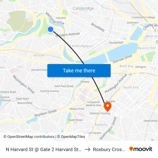N Harvard St @ Gate 2 Harvard Stadium to Roxbury Crossing map