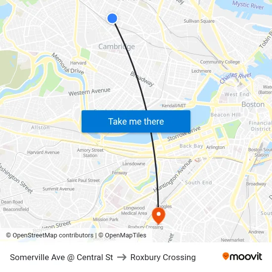 Somerville Ave @ Central St to Roxbury Crossing map