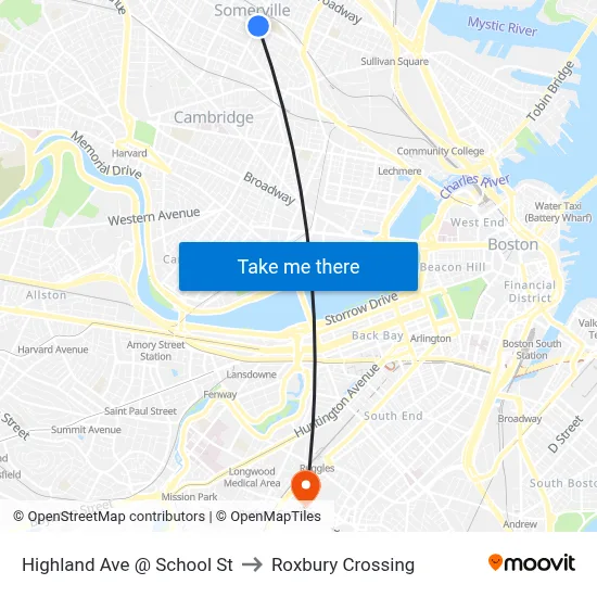 Highland Ave @ School St to Roxbury Crossing map
