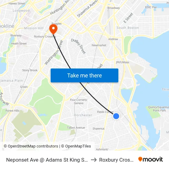 Neponset Ave @ Adams St King Square to Roxbury Crossing map