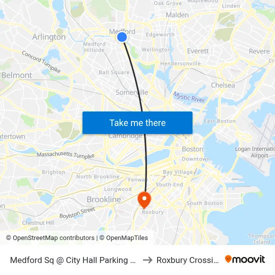 Medford Sq @ City Hall Parking Lot to Roxbury Crossing map
